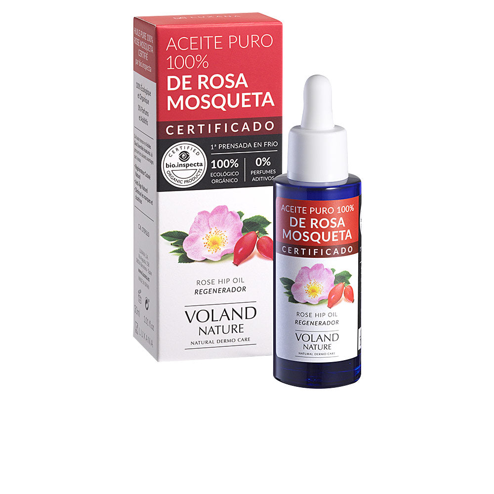 Voland Nature Glass bottle of rosehip oil with dropper, rectangular box, flower illustration, certification logo