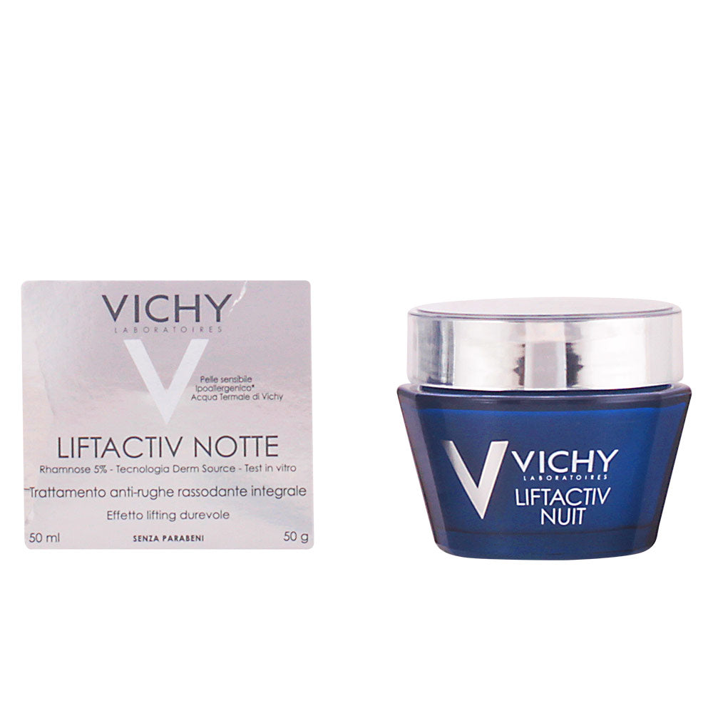 Blue plastic jar with metallic silver screw-on lid — modern minimalist night cream jar, Vichy