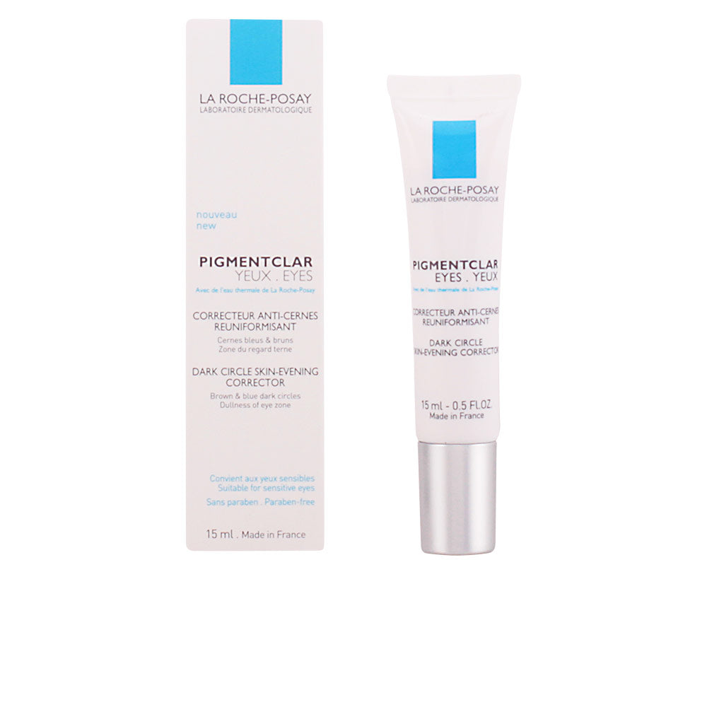 Minimalist white, blue, and silver plastic tube with box, printed text — clinical dark-circle corrector by la Roche Posay.
