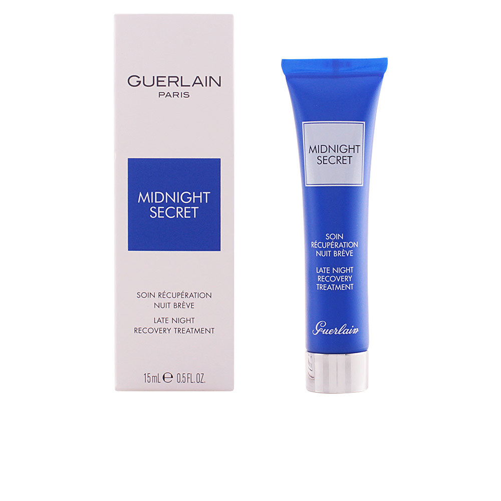 Blue and white tube with screw cap and box packaging, minimalist modern design, plastic and cardboard, Guerlain