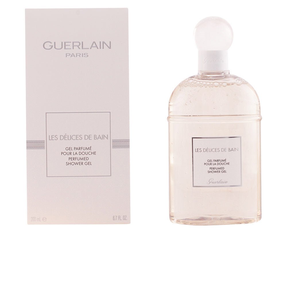Transparent light beige shower gel in a minimalist bottle with round cap and rectangular box, Guerlain