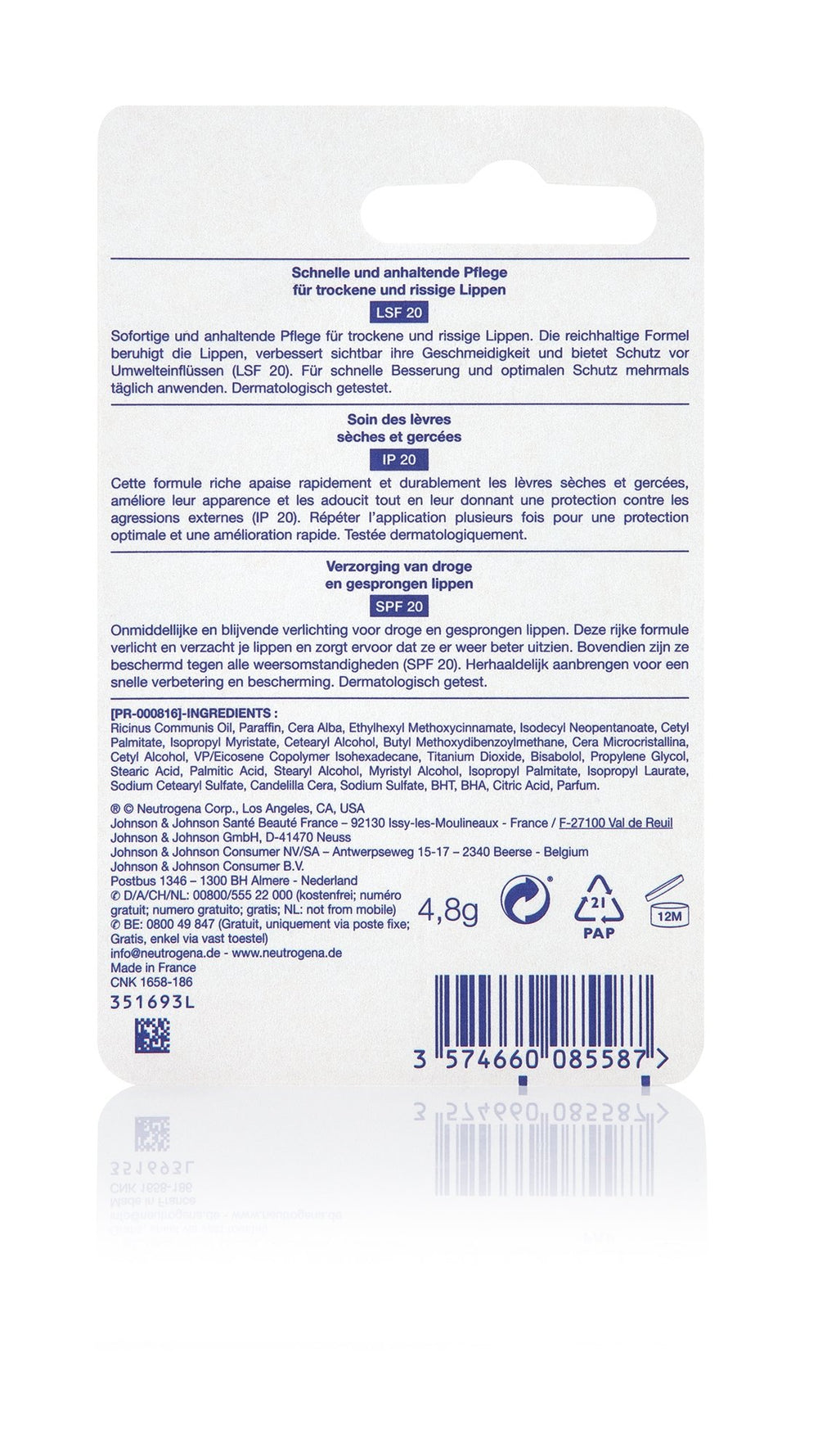 Neutrogena White plastic cylindrical lip balm with twist-up mechanism, printed text, logo, and Norwegian flag symbol