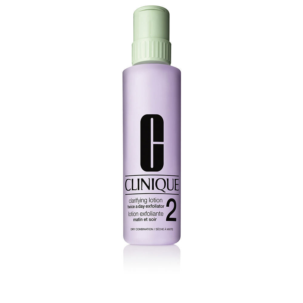 Clinique Light purple plastic cylindrical lotion bottle with light green cap, pump dispenser, black logo and printed text