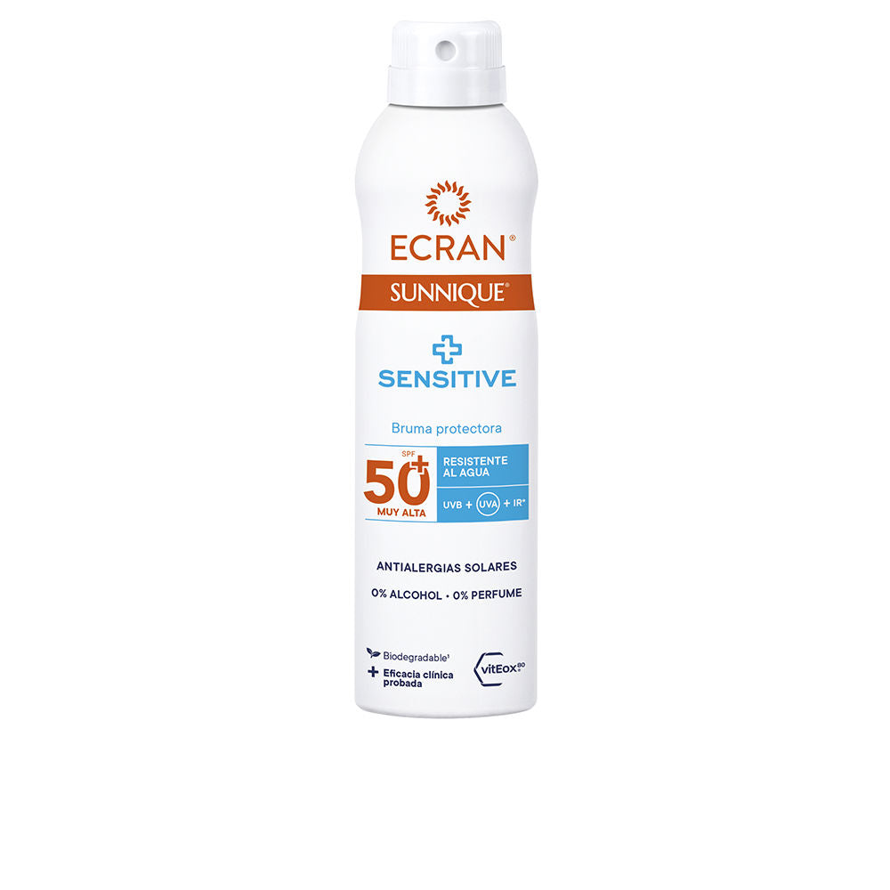 Ecran White plastic spray bottle with orange and blue accents, minimalist design, spray nozzle and protective cap