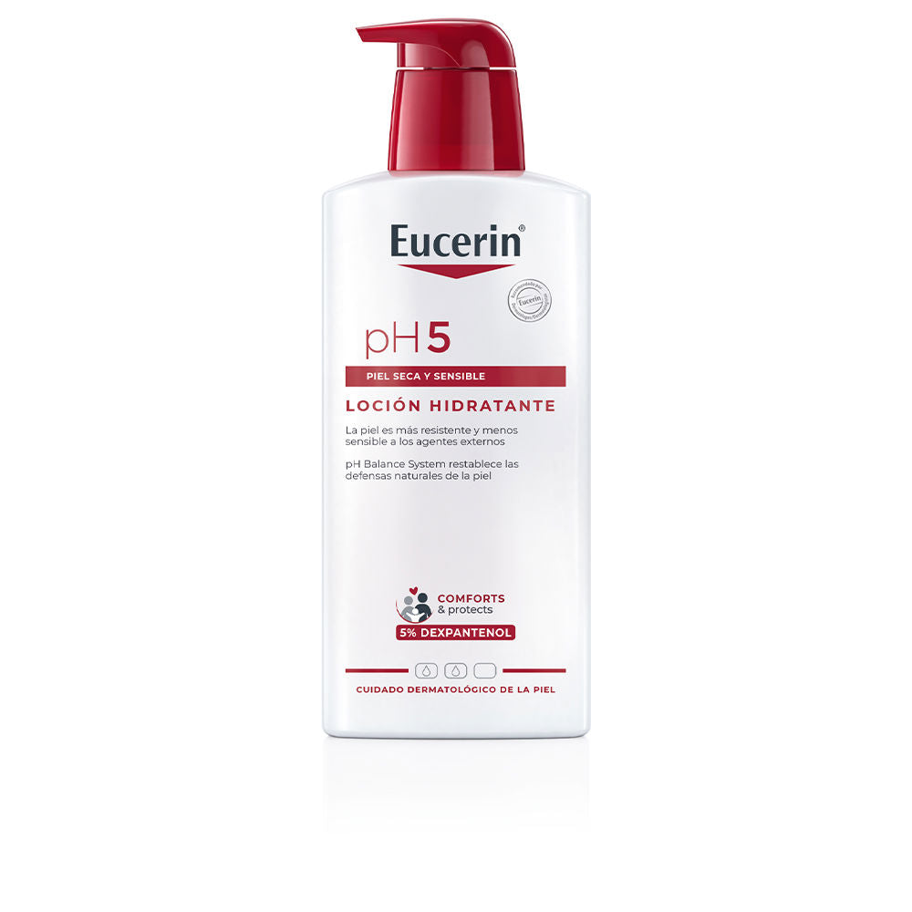 Pump bottle of Eucerin pH5 Skin Protection Body Lotion on neutral background