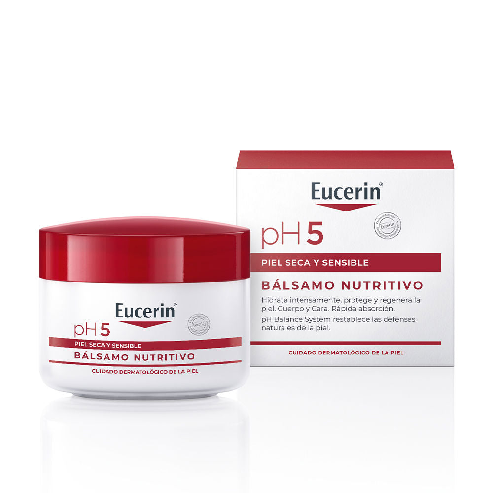 White and red plastic jar with screw lid beside matching box, minimalist clean design, Eucerin