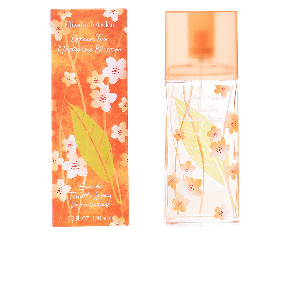 Elizabeth Arden Glass eau de toilette bottle with floral pattern, orange cap, spray nozzle, transparent glass