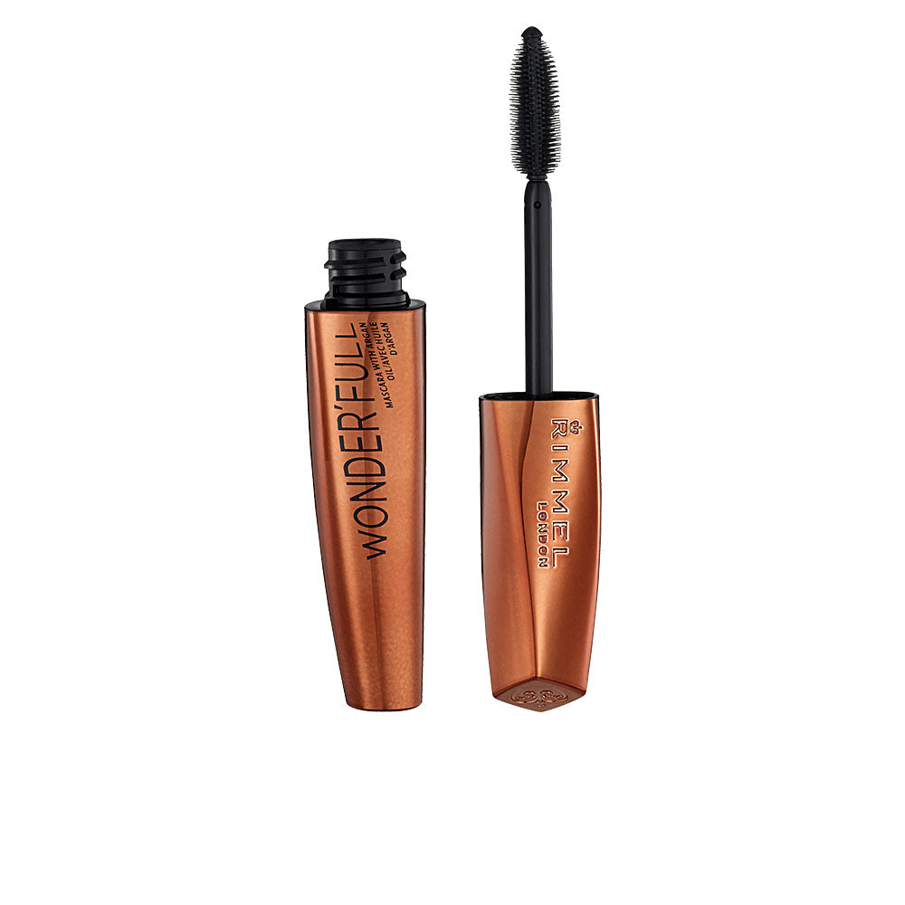 Metallic copper plastic mascara tube with tapered cylinder, twist-off cap, curved wand and plastic bristles, Rimmel