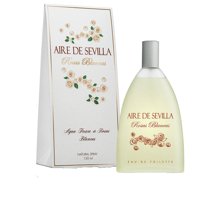 Clear glass perfume bottle with matte silver stopper, labeled Aire Sevilla Rosas Blancas