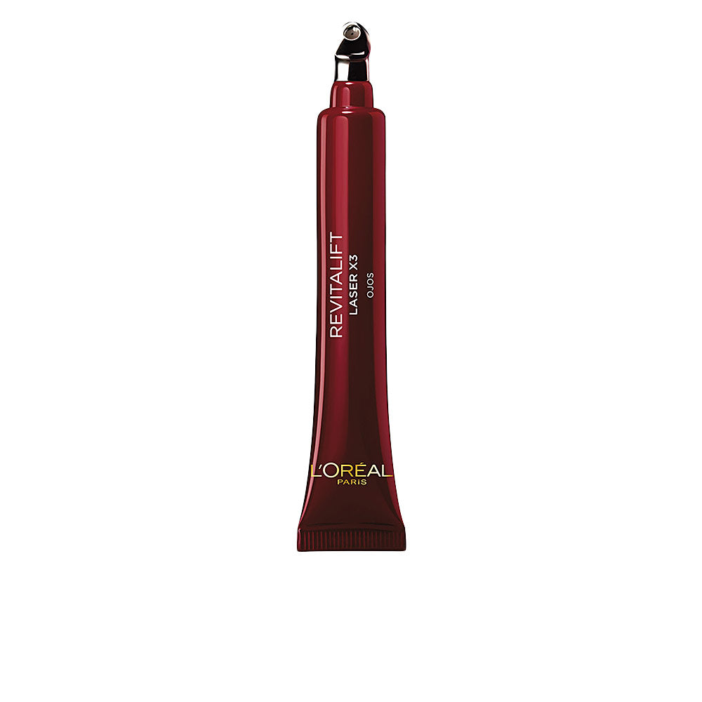 L'Oréal Paris Dark red plastic eye cream tube with metallic roller applicator tip, vertical text and visible logo