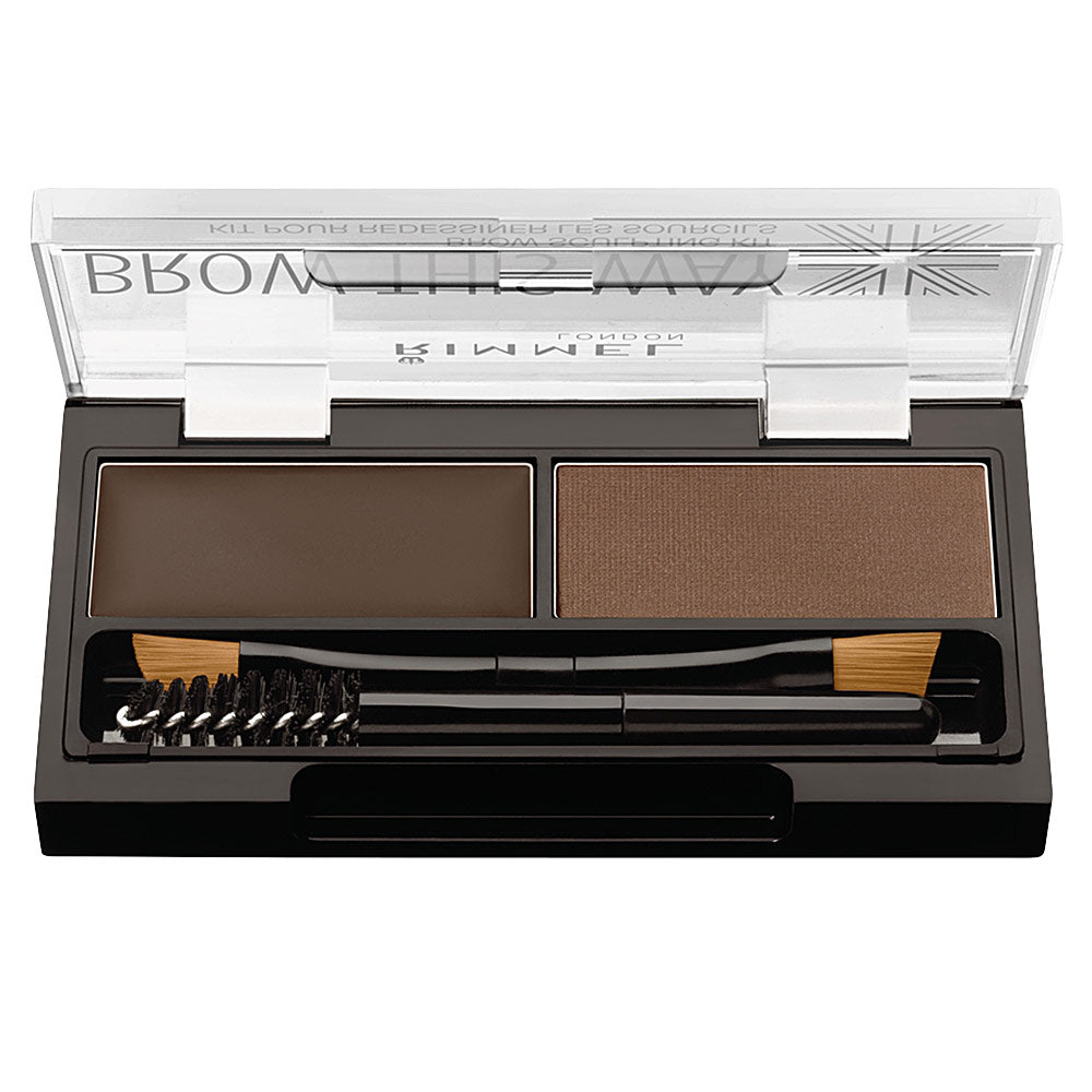 Compact brow kit with wax, powder and two mini brushes in dark brown