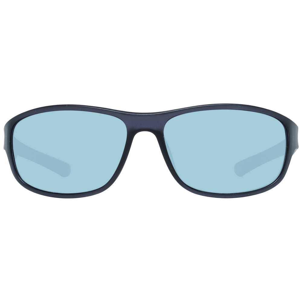 Black plastic rectangular sunglasses with light-blue lenses and curved temples showing temple logo