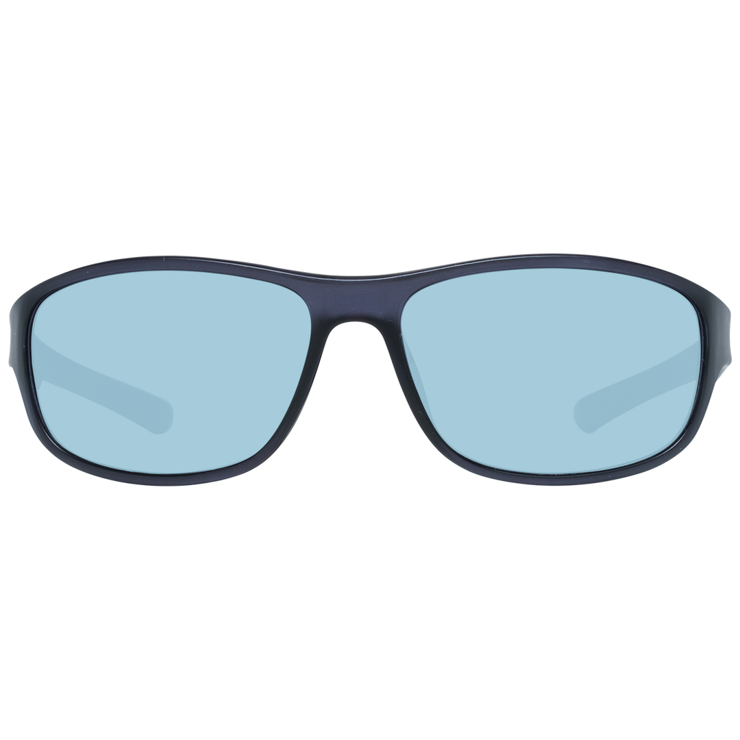 Black plastic rectangular sunglasses with light-blue lenses and curved temples showing temple logo