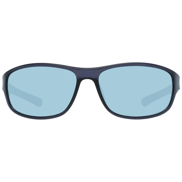 Black plastic rectangular sunglasses with light-blue lenses and curved temples showing temple logo