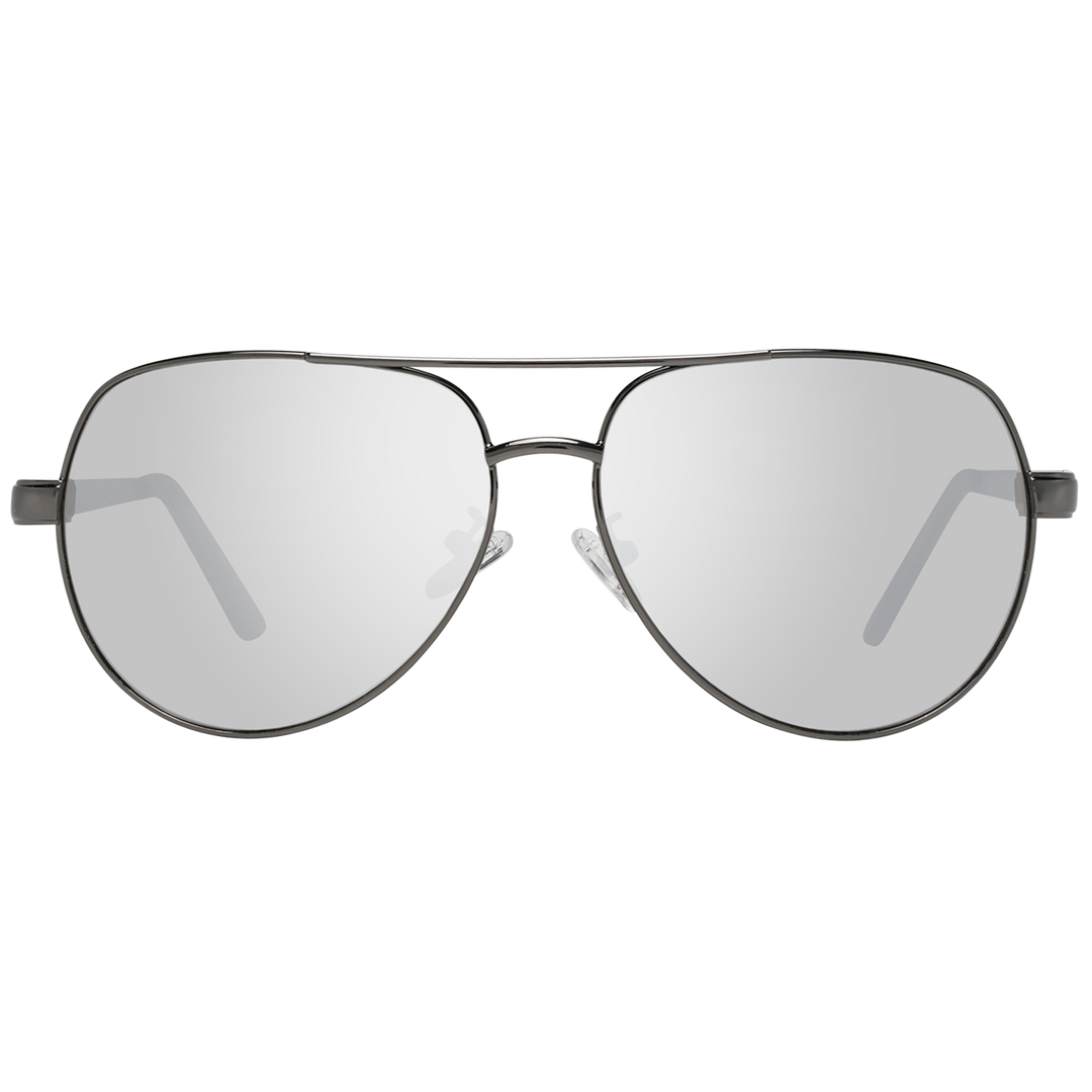 Gunmetal gray metal aviator sunglasses with double bridge and adjustable nose pads, silver finish and temple logo
