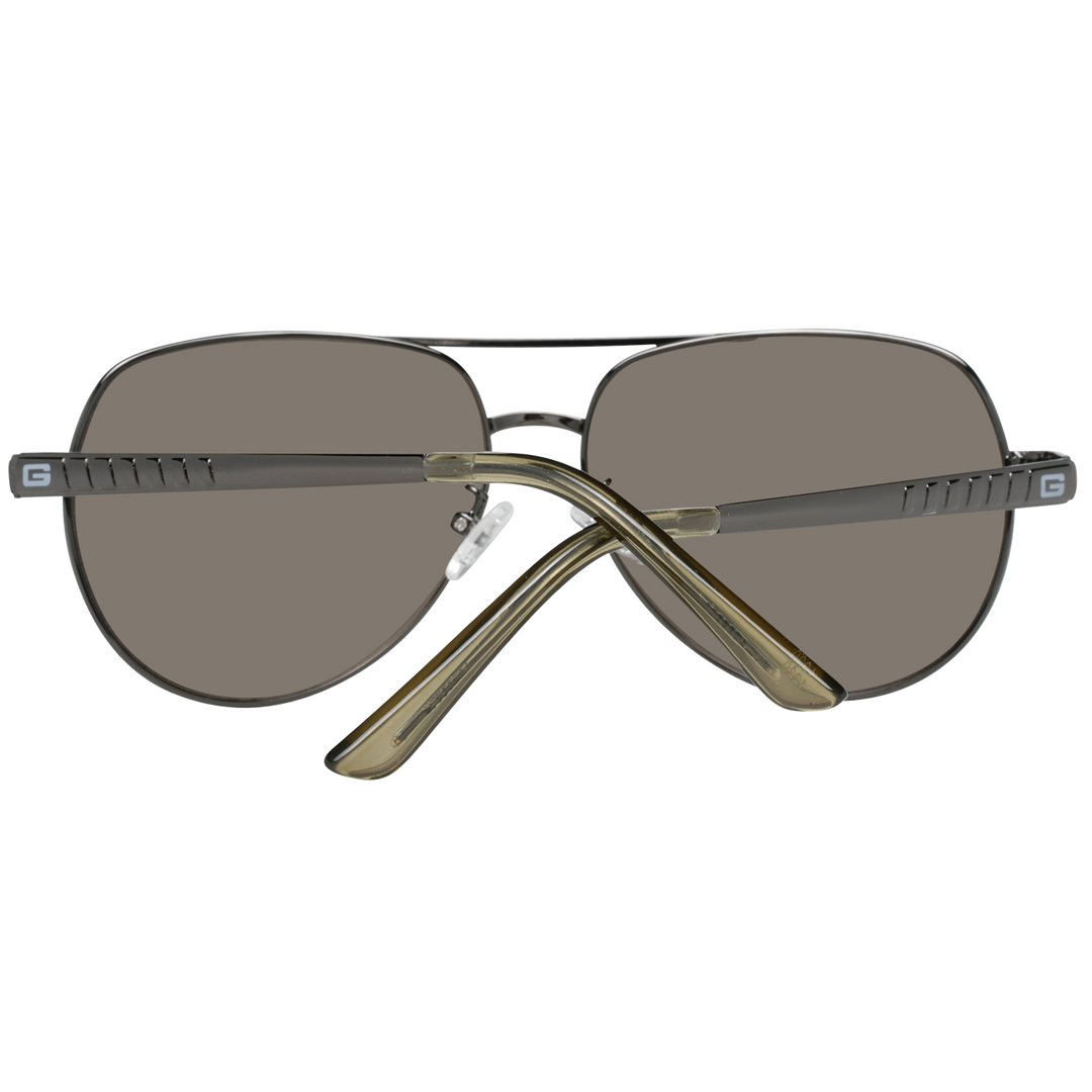 Gunmetal gray metal aviator sunglasses with double bridge and adjustable nose pads, silver finish and temple logo