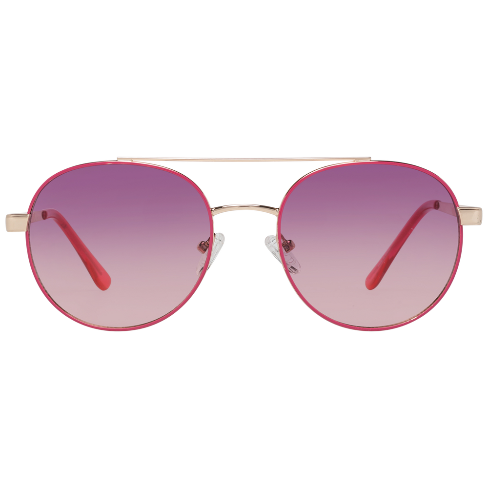 Gold metal aviator sunglasses with pink gradient lenses and double bridge on white background