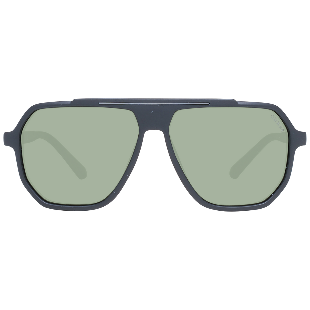 Dark gray plastic rectangular sunglasses with green lenses, double bridge, and logo on temple