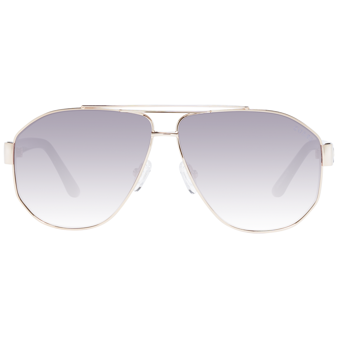 Gold metal aviator sunglasses with double bridge, grey gradient lenses and black plastic temples, logo on temple