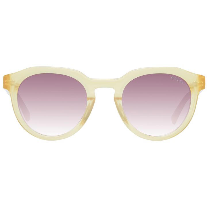 Yellow round sunglasses with purple gradient lenses and Guess logo on lens and temple