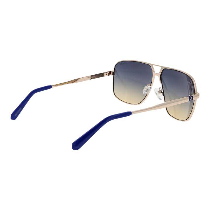 Unisex gold metal aviator sunglasses with blue-to-clear gradient lenses and double bridge, logo on temple