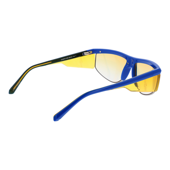 Blue, yellow, and orange sporty plastic sunglasses with tinted polarized lenses and side shields