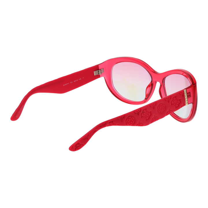 Red cat-eye sunglasses in glossy plastic with gradient lenses and embossed temple detail, logo on lens