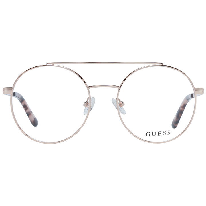 Unisex gold metal double-bridge round eyeglasses with tortoiseshell temple tips on white background