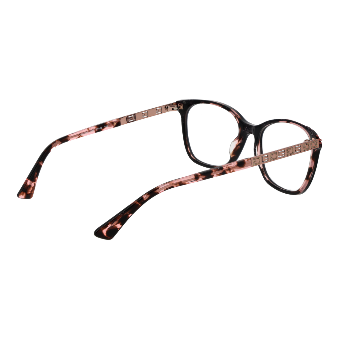 Black and pink tortoiseshell square eyeglasses with metal temple accents, modern fashion-forward style for Women