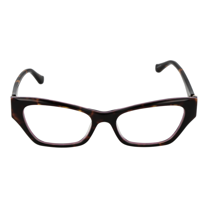 Tortoise shell cat-eye eyeglasses for Women with purple accents and triangular metal temple logo