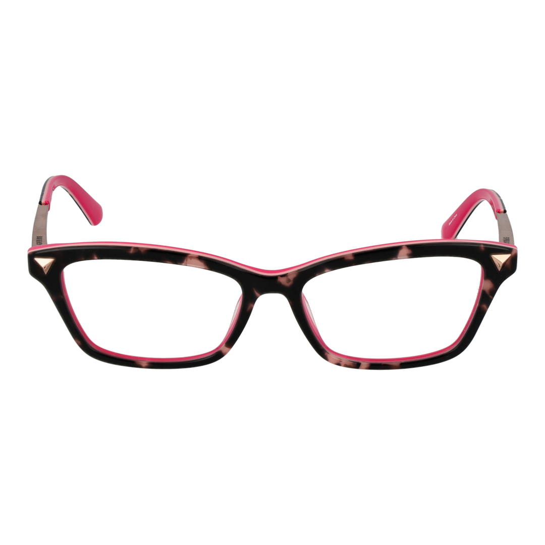 Black tortoiseshell rectangular eyeglasses with pink inner frame and metal temples, triangular corner accents