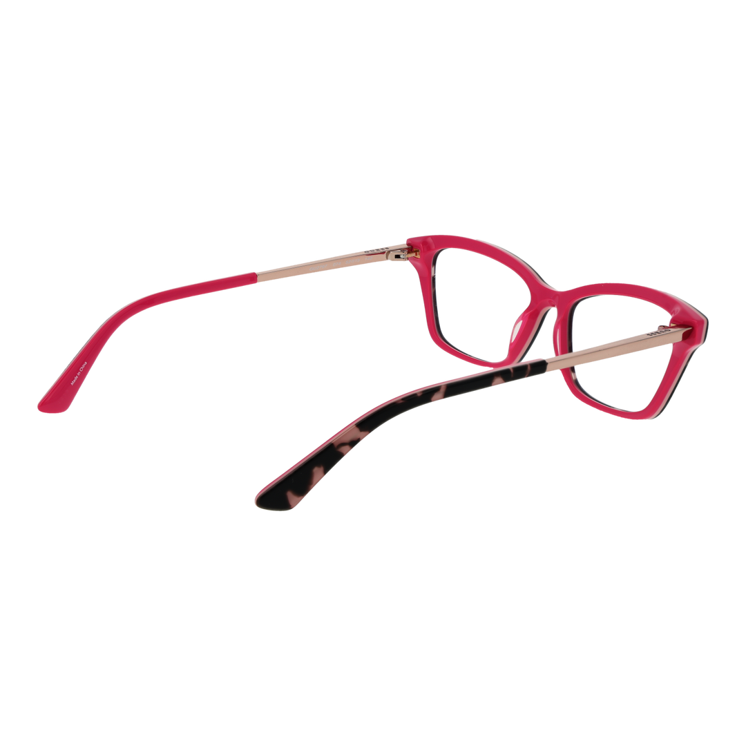 Black tortoiseshell rectangular eyeglasses with pink inner frame and metal temples, triangular corner accents