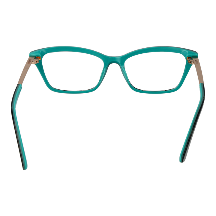 Turquoise and black two-tone rectangular eyeglasses with gold metal temples and triangular corner accents for Women