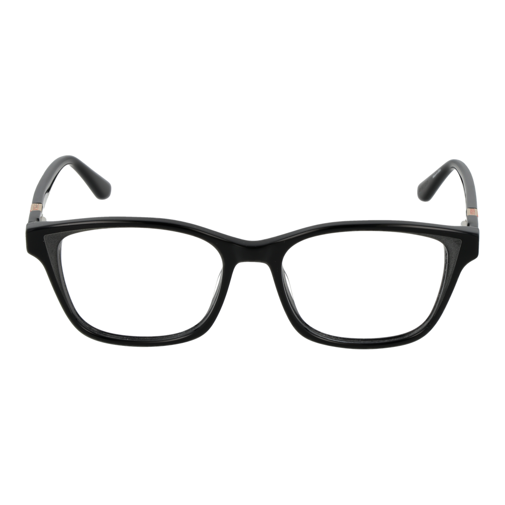Unisex black full-rim rectangular eyeglasses with red triangular detail on temples, modern plastic frame