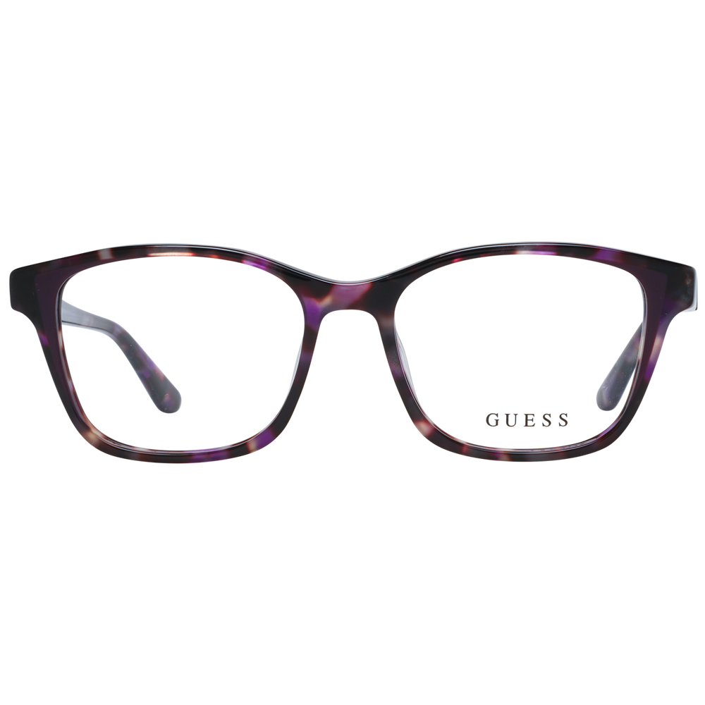 Purple tortoiseshell square eyeglasses in plastic frame with transparent lenses, tapered temples, modern profile