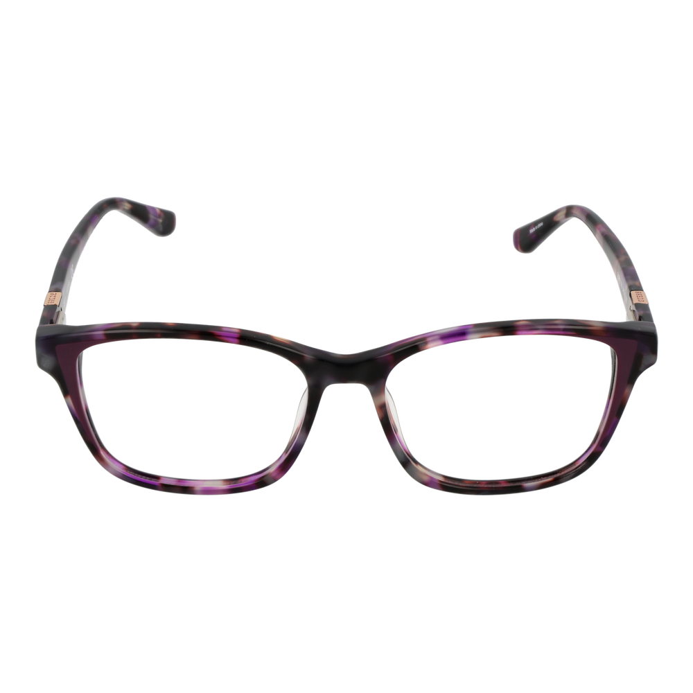Purple and brown tortoise rectangular eyeglasses with black and white hues and metal temple accents on neutral background
