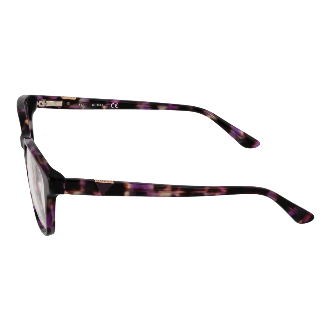 Purple and brown tortoise rectangular eyeglasses with black and white hues and metal temple accents on neutral background