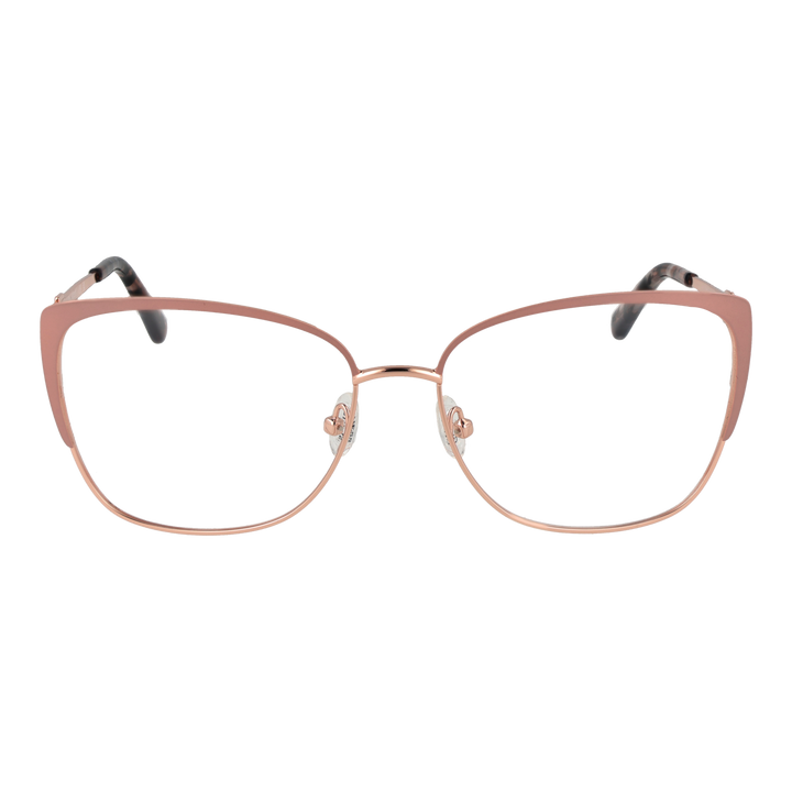 Rose gold metal rectangular eyeglasses with tortoiseshell temple accents on white background, front three-quarter view