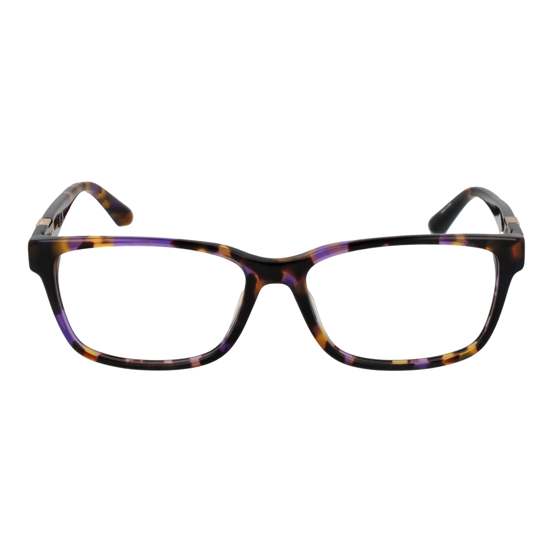 Tortoise shell rectangular eyeglasses for Women with purple and yellow accents and logo temple