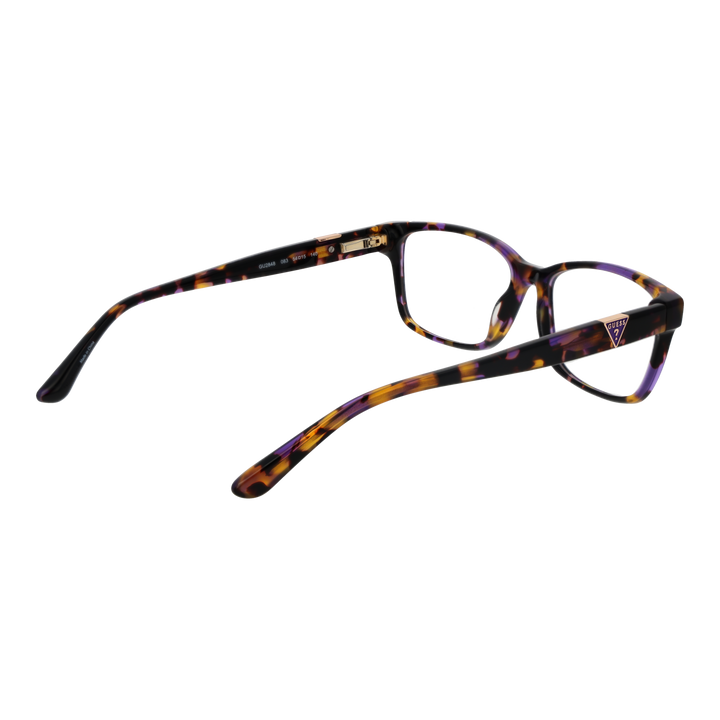 Tortoise shell rectangular eyeglasses for Women with purple and yellow accents and logo temple