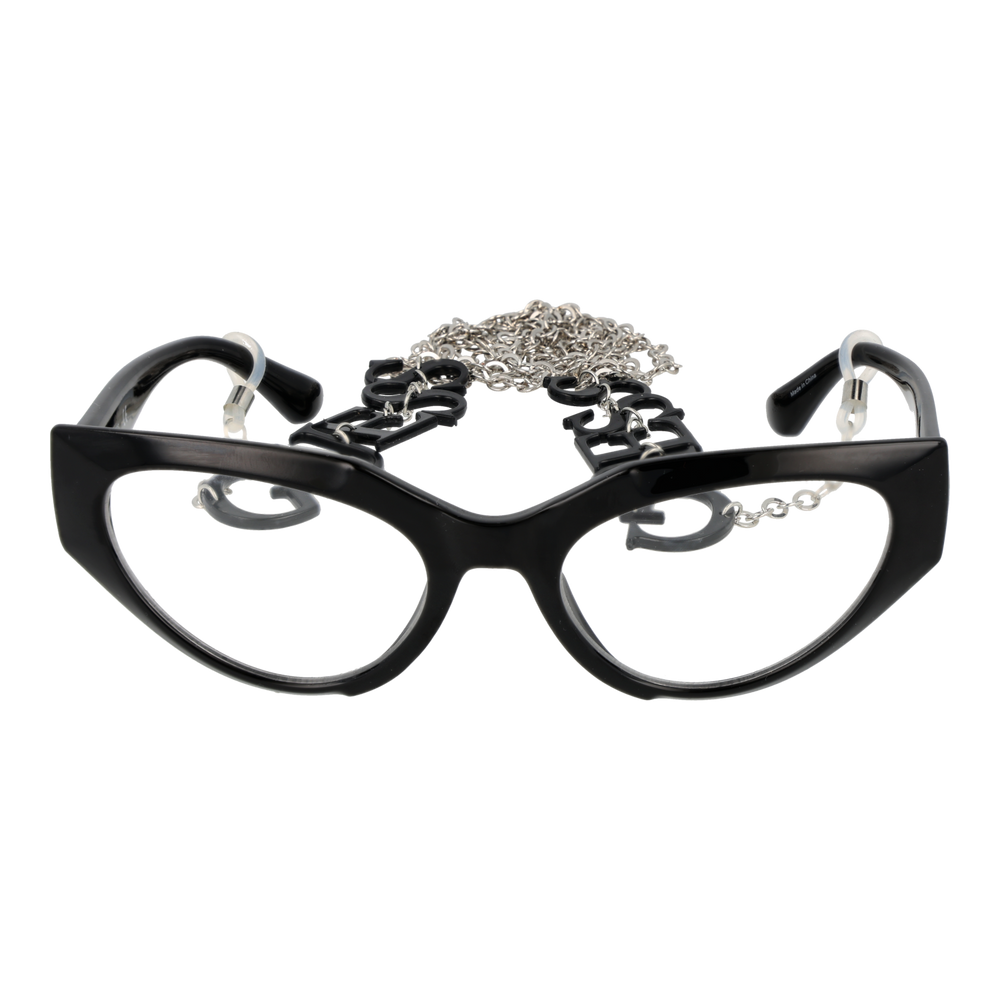Black cat-eye eyeglasses with plastic frame and metal lettered chain draped against neutral background