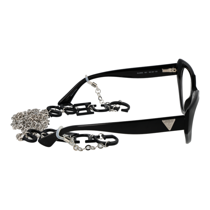 Black cat-eye eyeglasses with plastic frame and metal lettered chain draped against neutral background