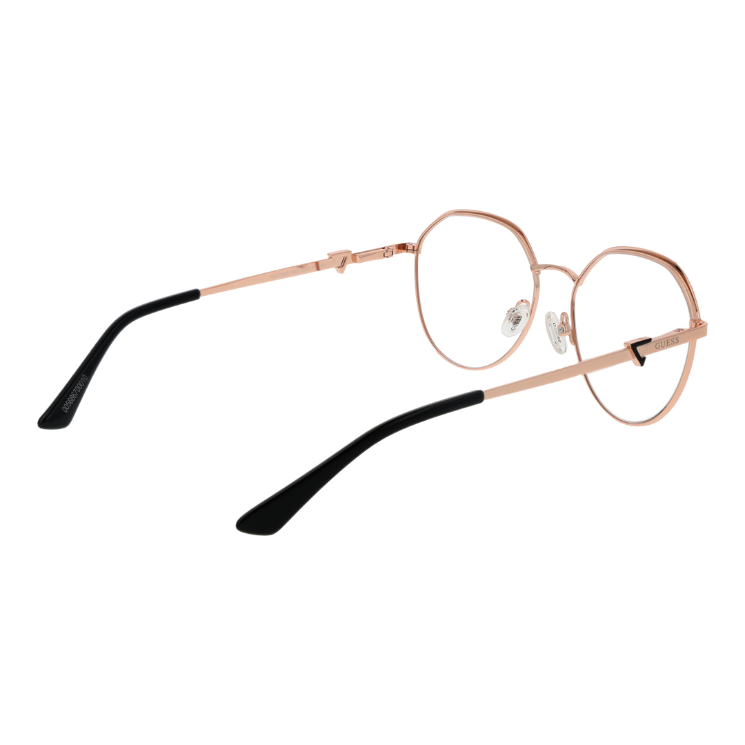 Rose gold thin metal round eyeglasses with black temple tips on white background, modern minimalist design