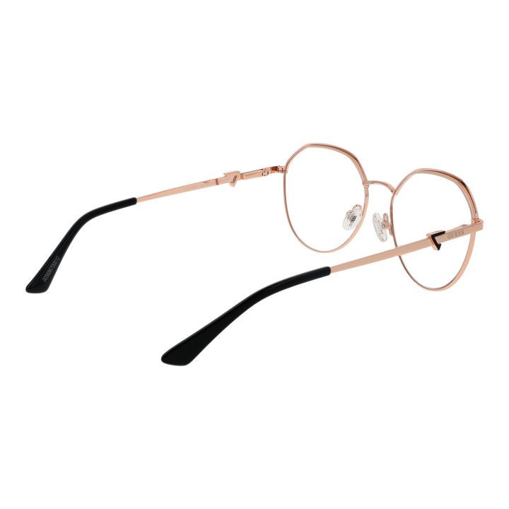 Rose gold thin metal round eyeglasses with black temple tips on white background, modern minimalist design
