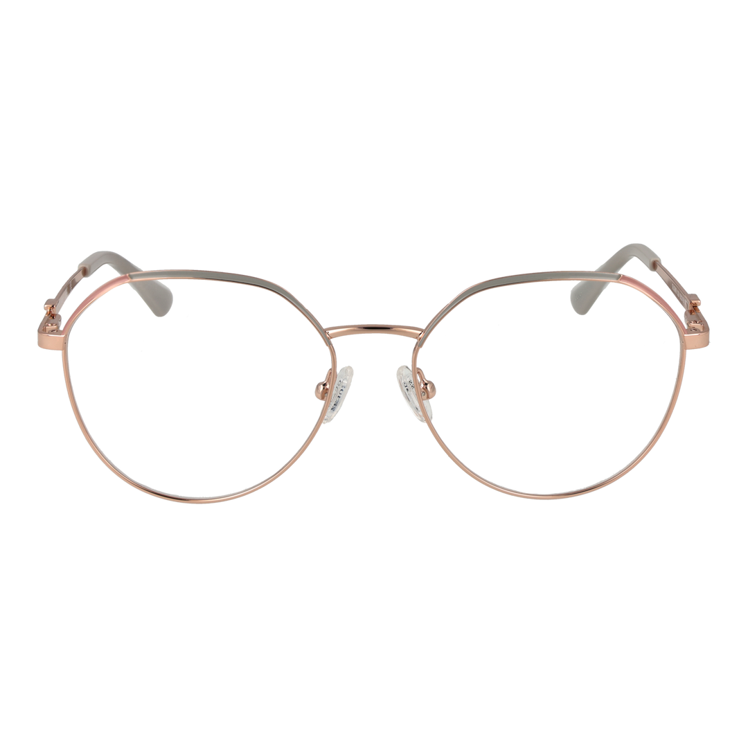 Rose gold thin metal round eyeglasses with adjustable nose pads and white temple tips on neutral background