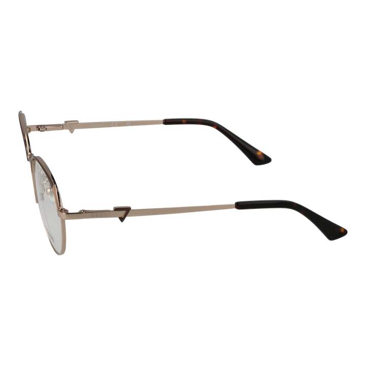 Gold thin metal round eyeglasses with tortoise shell temple tips and adjustable nose pads