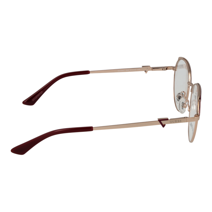 Gold thin metal round eyeglasses with burgundy temple tips and decorative hinge detail, front view