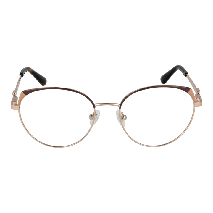 Rose-gold thin metal round eyeglasses with tortoiseshell temple tips on neutral background, front view