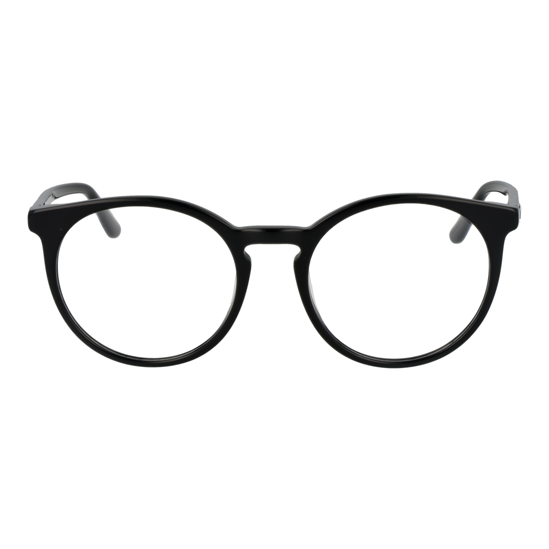 Black plastic full-rim round eyeglasses with integrated nose pads displayed front-facing on white background