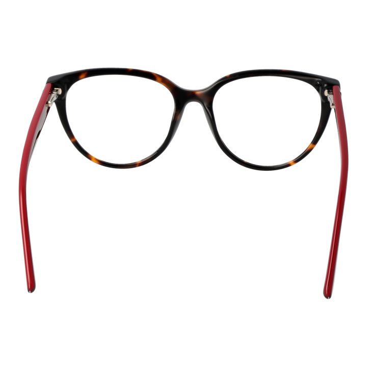 Tortoiseshell cat-eye eyeglasses for Women with red arms and logo emblem on arm, front three-quarter view
